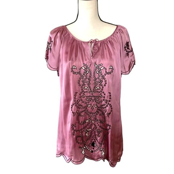 Lucca mauve openwork embroidery short sleeves blouse women Medium - Picture 1 of 9
